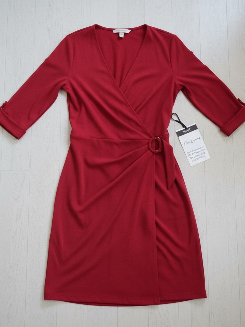 Wrap Dress Lemmi for Nina Leonard NWT RED Poly/Spandex Size Lrg Gold Belt Loop - Picture 2 of 14